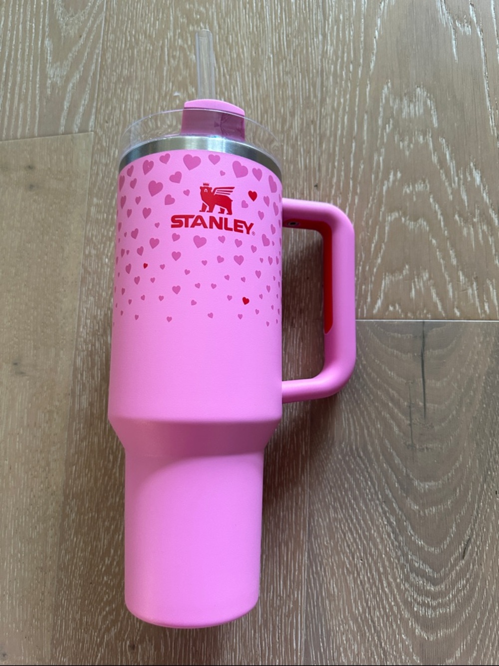 Stanley 40 oz Pink Heart Handle Tumbler with Red Logo